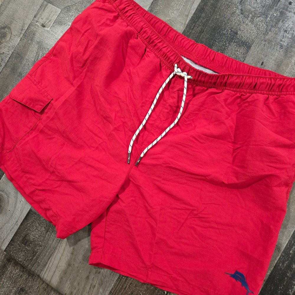 Tommy Bahama Men's Red Naples Lined Swim Trunks Blue Marlin Embroidered Size XL
